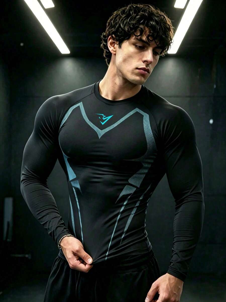 GymBeat 男士對比色印花修身長袖運動T恤 - 彩色 - 查看 1