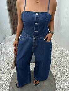 Dazy Plus Dark Wash Blue Stylish Western Denim Strapless Sleeveless Jumpsuit Spring Summer Vacation Style Casual Plus Size Women - Dark Wash - View 7