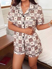 Napfluff Conjunto de pijama con estampado de leopardo & patrón de corazón, cuello de solapa, 2 piezas - Multicolor - Ver 5