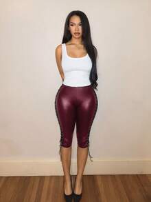 BamGleam American Hot Girl Black Faux Leather Lace-Up Skinny Pants, Side Tie Slimming Butt-Lifting Capri Length Pants, Subculture Punk Style Sexy Hot Girl Pants - Burgundy - View 3