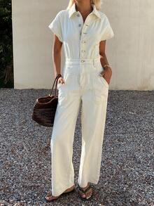 Livesso Women's Long Denim Overalls And Jumpsuit With Collar And Cinched Waist - White - View 5