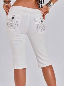 ROMWE Grunge Punk Summer Outfits Vintage Embroidered Rhinestone Sexy Y2K Ultra Low Waist White Tight Denim Shorts - White - View 5