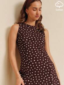 lacRébo Brown And White Polka Dot Sleeveless Cotton Mini Dress In Jersey With A Round Neckline Summer Vintage Casual Chic Brunch - Brown - View 6