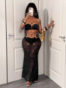 BamGleam Sexy Lace Bodycon Fish Tail Skirt With Metal Buckle Bustier Hollow Out Lingerie Set - Black - View 5