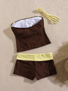 Costavie Spring/Summer New Brown & Yellow Colorblock Bandeau Set, American Vintage Hot Girl Style Beach Casual Vacation Two Pieces Set - Multicolor - View 2