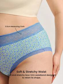 LUVLETTE Plus 3-Pack Lace Trim Cotton High-Waist Briefs Women Underwear Panties Set- Floral Print Lace Trim--Blue - Multicolor - View 4