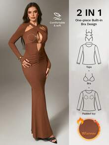 Nuvra Fashionable Sexy Solid Color Hollow Out Bodycon Dress - Brown - View 3