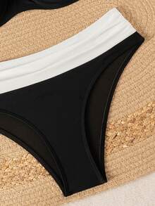 Swim DD+ Two Pieces Knitted Solid-Color Underwire Shaping Women's Swimwear - Black and White - View 5