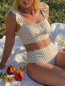 Swim Mod Plus Size Women's Summer Beach Polka Dot Print Ruffle Fashion Bikini Set - Multicolor - View 5