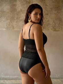 MOTF PREMIUM PLUS SIZE WOMEN'S LACE PATCHWORK SEMI-SHEER TANKINIS TOP, VACATION SWIMWEAR - Black - View 5