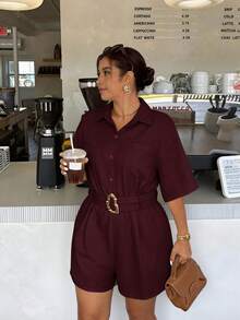 Firerie Plus Size Women's Solid Color Metal Decor Connected Casual Everyday Romper - Burgundy - View 4