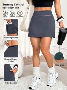 Easithlete Plus-Size Women's Multi-Functional Summer Sports Skirt With Built-In Shorts – Back Waist Pocket And Cell Phone Pocket, Suitable For Running And Fitness. - Grey - View 1