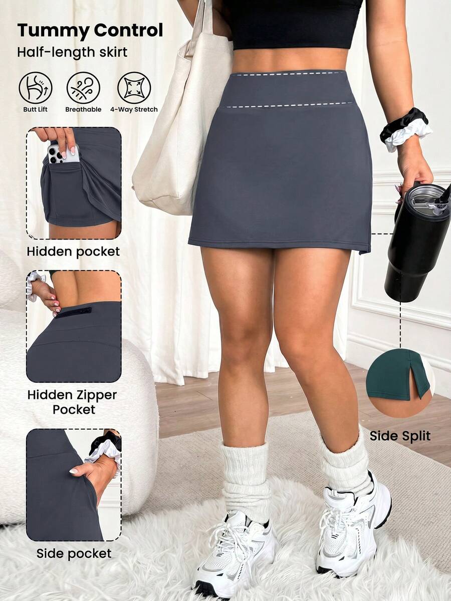 Easithlete Plus-Size Women's Multi-Functional Summer Sports Skirt With Built-In Shorts – Back Waist Pocket And Cell Phone Pocket, Suitable For Running And Fitness. - Grey - View 1