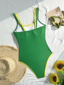 Swim SXY 女款字母印花對比色度假連身褲，適合海灘穿著 - 綠色 - 查看 2