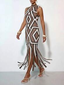 Zivah Women's Vacation Geometric Print Tassel Hem Dress - Brown - View 7