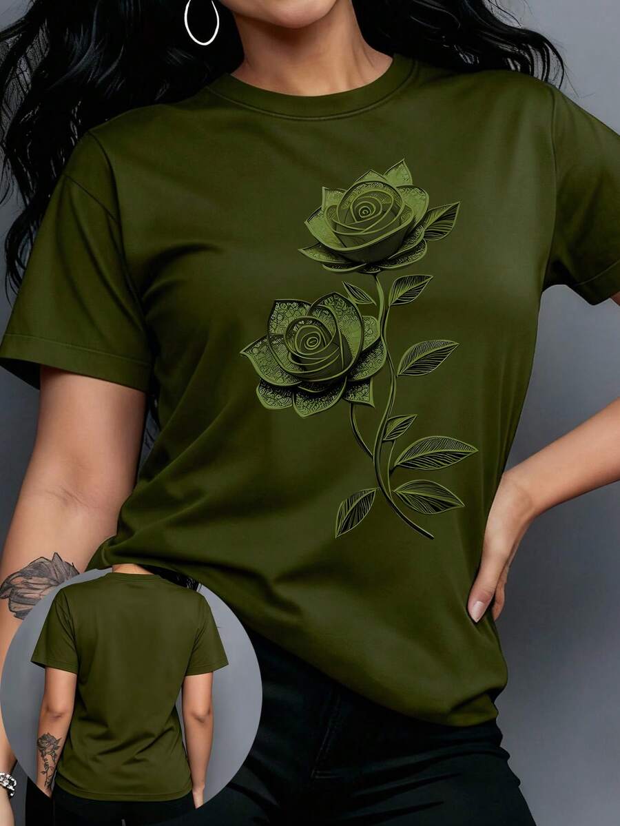 Rovax Women's Round Neck Floral Print Fashion Green Short Sleeve T-Shirt - Army Green - View 1