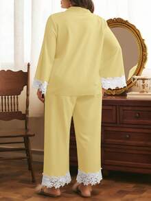 Côtesoire Elegant Plus Size Women's Contrast Lace Single-Breasted Blouse And Pants Puff Ruffle Pajama Set - Yellow - View 2