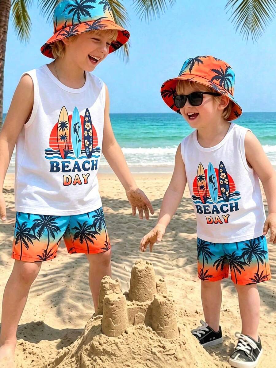 SHEIN 3件組小男孩夏季兒童海灘夏威夷風白色衝浪棕櫚樹海豚印花無袖背心漸層熱帶短褲套裝附遮陽帽 - 紅色 - 查看 1