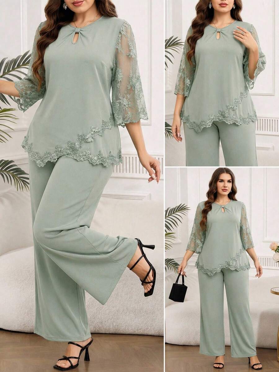 SHEIN Clasi 大尺碼女款蕾絲拼接上衣與長褲休閒日常兩件套 - 綠色 - 查看 1