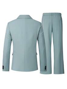 Manfinity Mode Men's Old Money A Teal-Green, Loose-Fitting Casual Suit Set; The Wide-Leg Trousers Feature A Pressed-Pleat Design That Enhances The Relaxed Silhouette - Mint Green - View 2