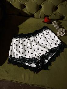SilkySpell Lace Trim Polka Dot Print Faux Silk Sexy Pajama Shorts - Multicolor - View 5