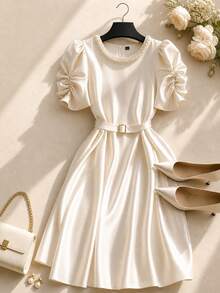 Franclia Plus Size Women's Elegant Solid Color Pearl Neckline Dress, Bud Short Sleeve, Professional Mother Of The Bride Date Tea Party Cocktail Wedding Pastel - White - View 9