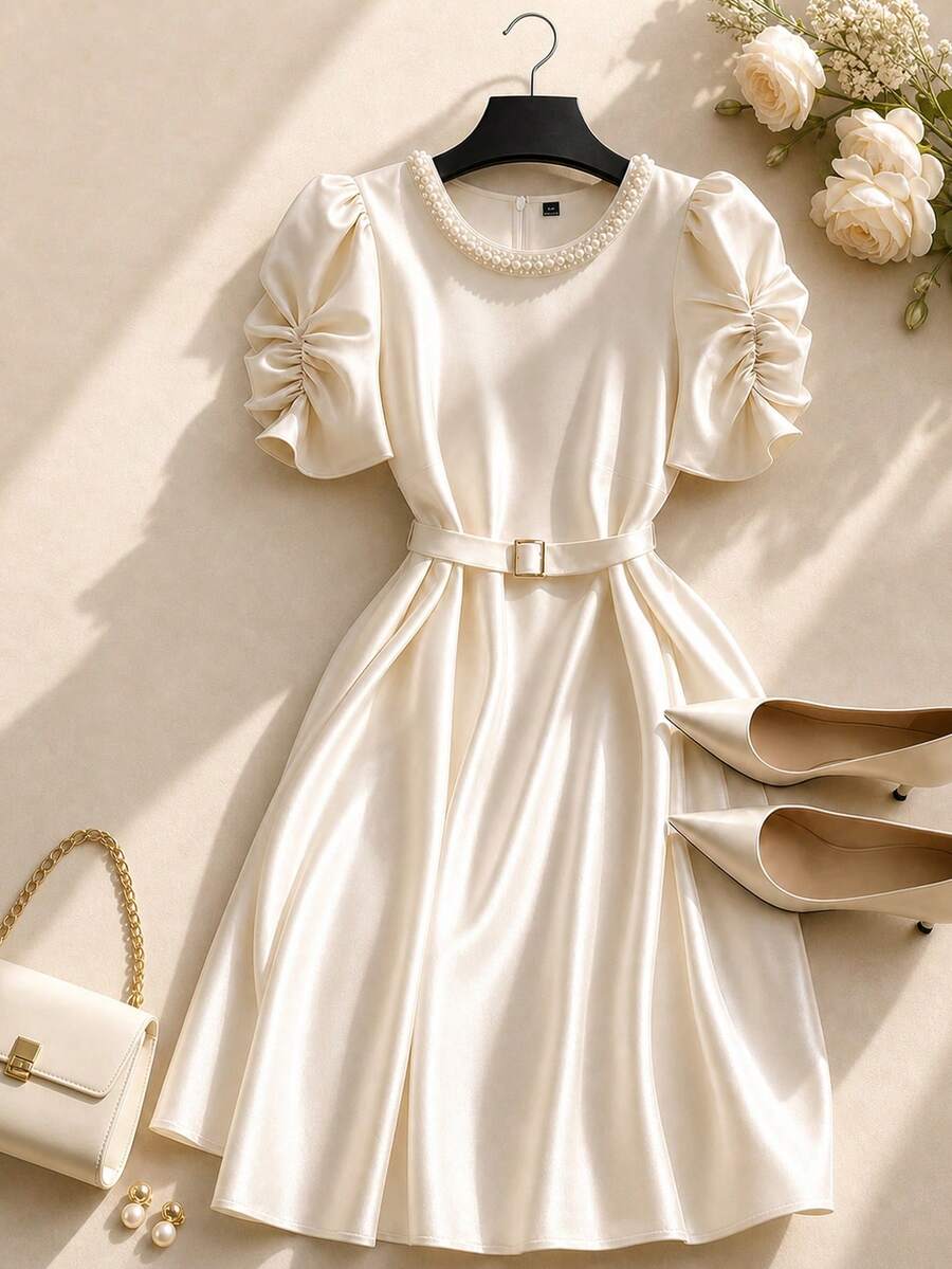 Franclia Plus Size Women's Elegant Solid Color Pearl Neckline Dress, Bud Short Sleeve, Professional Mother Of The Bride Date Tea Party Cocktail Wedding Pastel