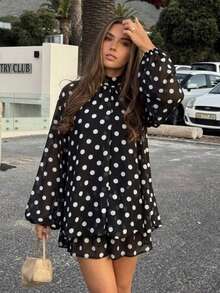 Aloruh Elegantes Damen-Minikleid im Puppenstil mit schwarz-weißem Polka-Dot-Muster, Regenschirm-Design, vielseitig für den täglichen Arbeitsweg, Teegesellschaft und Schulanfang, Herbstrock - Schwarz und Weiss - Übersicht 8
