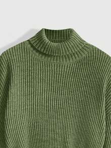 ROMWE Mid-Neck Long Sleeve Basic Casual Pullover Sweater - Army Green - View 3