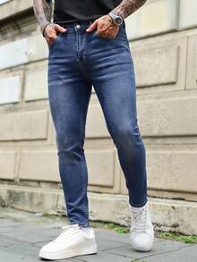 Manfinity Homme Men's Plus Size Casual Washed Slim Fit Jeans - Blue - View 4