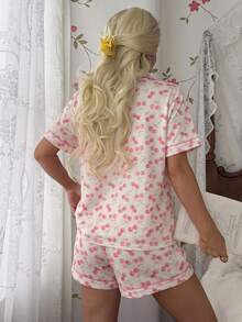 CottageSlumber Romantic Pink Cherry Print Lapel Pajama Set 2pcs - Multicolor - View 2