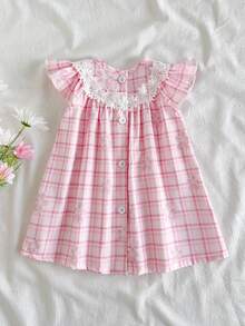 SHEIN Vintaside Kids 女嬰可愛白色黃色條紋蝴蝶結印花圓領無袖寬鬆版型柔軟面料洋裝 - 淺粉色 - 查看 2