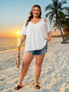 SHEIN CURVE+ Women's Plus Size Summer Vacation Solid Color Off-Shoulder Casual Short Sleeve Shirt Vacation White - White - View 3