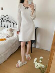 SHEIN Teen Girls Round Neck Contrast Color Ruffle Bow Long Sleeve Nightgown - White - View 8