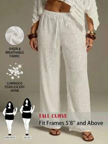 SHEIN Tall CURVE 大尺碼女款純色腰部綁帶亮片直筒長褲 - 白色 - 查看 3