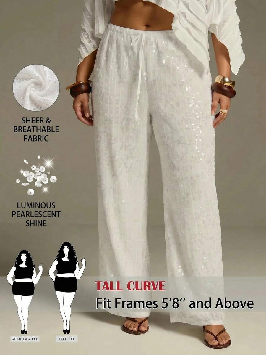 SHEIN Tall CURVE Plus Size Women Solid Color Waist Tie Sequin Straight Leg Pants - White - View 1
