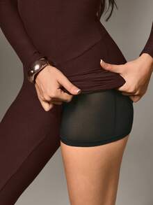 Nuvra Women's Long Sleeve V-Neck Double Layer Shapewear Pants With Lining, Waist Cinching And Butt Lifting - Brown - View 7