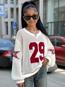 SHEIN Tween Girl V-Neck Knit Winter Sweater, Jersey Style Red Letter Graphic, Oversized Relaxed Fit Off-White, Autumn, Streetwear, Holiday, Back-To-School - Beige - View 7