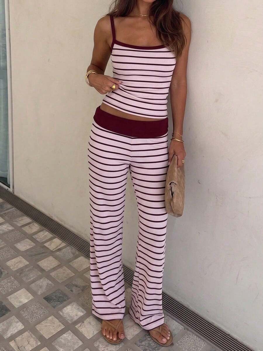 Siren Gaze Summer Women's Light Pink Checkered Two Pieces Set, Square Neck Camisole High Waist Wide Leg Pants, Y2K Casual Coastal Hot Girl Style Beach Travel