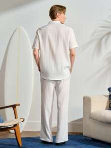 VeloEdit Men's Minimalist Printed Short Sleeve Shirt And Pants SetFall Winter - White - View 2