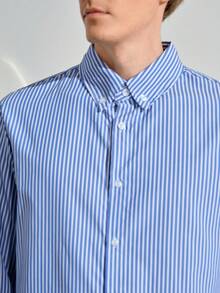 男士休閒條紋鈕扣長袖襯衫 藍白配色 修身商務正式款 適合儀式場合 - 藍色 - 查看 7