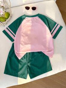 Casuvi Kids 女童字母與數字印花短袖T恤短褲休閒日常套裝 - 彩色 - 查看 2
