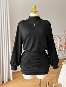 Comfortcana Plus Size High Elasticity Black Retro Minimalist Autumn/Winter Bodycon Mock Neck Knit Dress Fall - Black - View 3