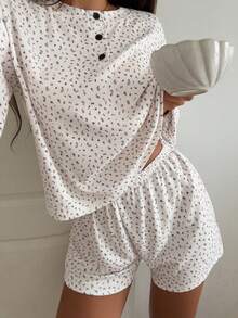 DAZY Women's All-Over Print Round Neck Long Sleeve Top And Shorts Casual Daily Home Sleepwear Set - White - View 6
