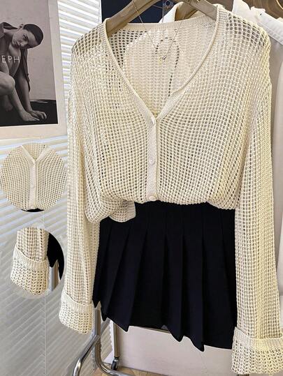 GlowEve CURVE Cardigan de mujer de moda casual para primavera, verano y otoño, con diseño calado, holgado y estilizante, de manga larga, talla grande, fino, para exteriores, vacaciones y playa