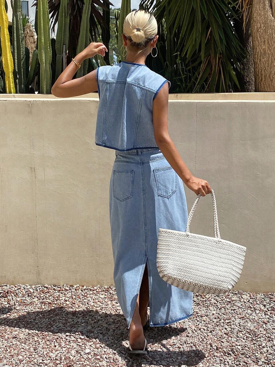 Women's Denim Set With Contrast Trim Round Neck Sleeveless Pocket Casual Streetwear Long Skirt And Top Weekend Aqua Blue Light Blue Summer Night Work