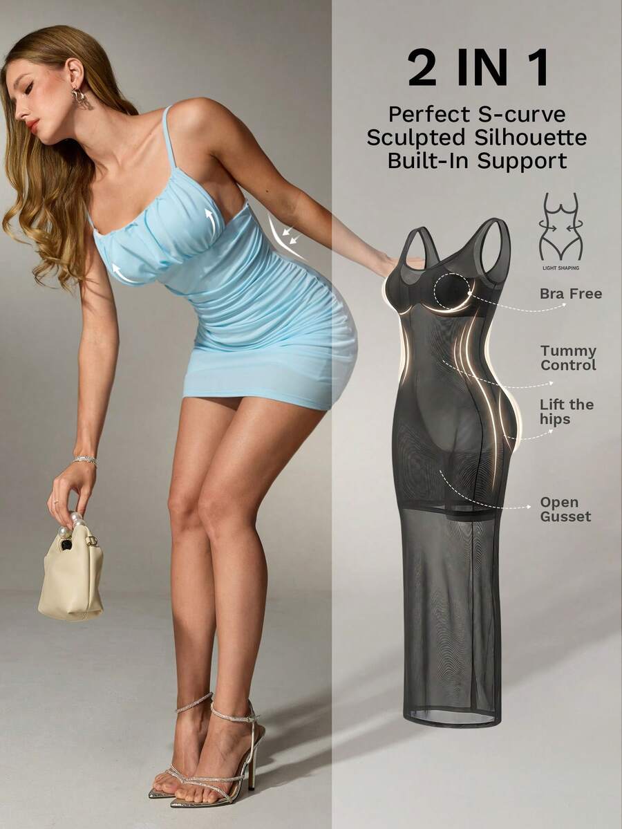 Nuvra Women's Spaghetti Strap Low-Cut Waist Lifting Mini Bodycon Dress Night Out Light Blue Summer Bandage - Baby Blue - View 1