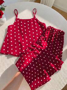 SHEIN 女童圓點編織細肩帶上衣與長褲兩件套 - 紅色 - 查看 2