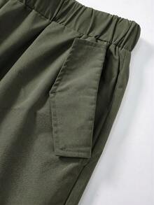 SHEIN 青少年/男孩基本休閒純色工裝褲，附裝飾細節，適合通勤、上學 - 軍綠色 - 查看 5