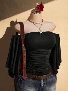 SHEIN ICON Women's Plus Size Solid Color Off-Shoulder Ruched Waist Blouse - Black - View 4